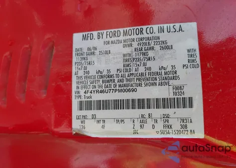 2007 Mazda B3000 Ds from USA, damaged, VIN 4F4YR46U77PM00690